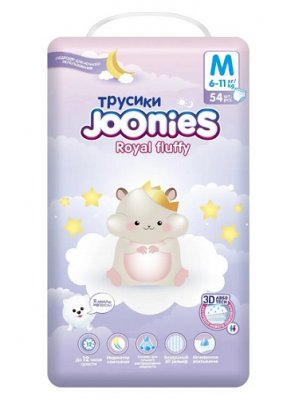 Купить joonies royal fluffy (джунис) подгузники-трусики детские, размер м 6-11кг, 54 шт в Бору