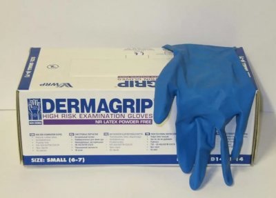 Купить перчатки dermagrip high risk powder free, повышенной прочности размер s 25 пар синие в Бору