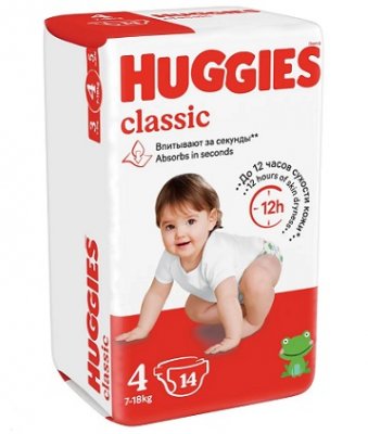 Купить huggies (хаггис) подгузники классик 4 7-18кг 14шт в Бору