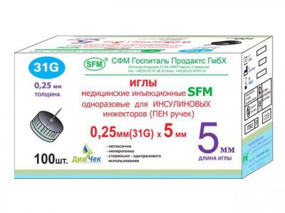 Купить иглы sfm для инсулиновых инжекторов (пен ручек) 31g (0,25мм х 5мм), 100 шт в Бору