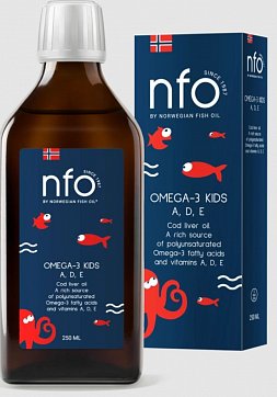 Норвегиан Фиш Оил (NFO) Омега-3 жир печени трески A,D,E, фл 250 мл БАД