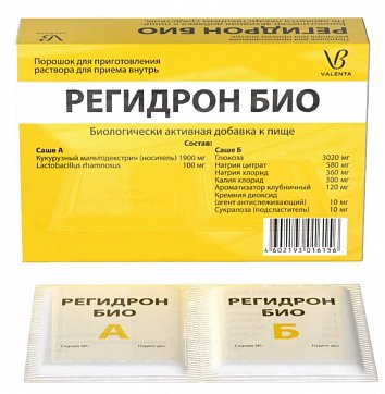 Регидрон Био Порошок для приготовления раствора для приема внутрь парные саше (А+Б) по 6,4 г порошка, в картонной пачке. 5шт. БАД