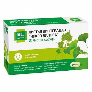 Будь Здоров! Красный виноград листья+Гинкго Билоба комплекс экстрактов, капсулы 30шт БАД