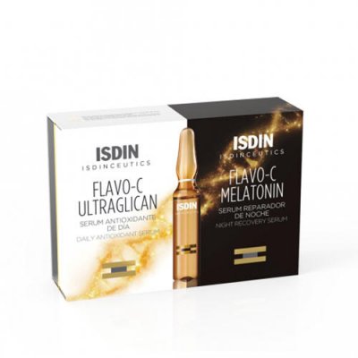 Купить isdin isdinceutics (исдин) набор: сыворотка для лица ночная 10шт+дневная flavo-c melatonin, ампулы 2мл, 10шт в Бору