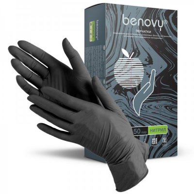 Купить перчатки benovy смотровые нитриловые нестерильные неопудрен текстурир с однократной хлорацией размер s 50 пар, черные в Бору