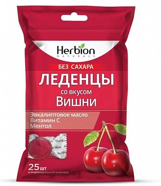 Herbion (Хербион) с эвкалиптовым маслом, витамином С и ментолом со вкусом вишни без сахара, леденцы массой 2,5г 25 шт БАД