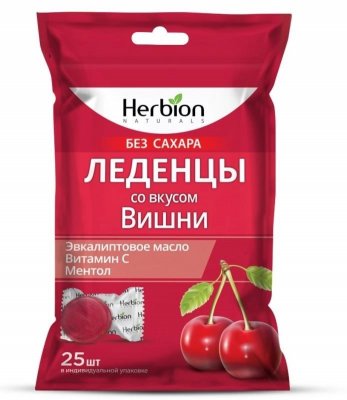 Купить herbion (хербион) с эвкалиптовым маслом, витамином с и ментолом со вкусом вишни без сахара, леденцы массой 2,5г 25 шт бад в Бору