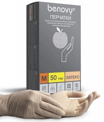 Купить перчатки benovy смотровые латексные нестерильные неопудрен размер m 50 пар в Бору