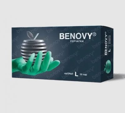 Купить перчатки benovy смотровые нитриловые нестерильные неопудрен текстурир на пальцах размер l 50 пар, зеленые в Бору