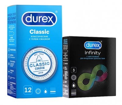 Купить durex (дюрекс) набор: презервативы classic, 12шт + infinity гладкие с анестетиком (вариант 2), 3шт в Бору