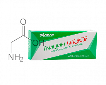 Глицин Биокор с витаминами В1 и В6, таблетки 180мг, 60 шт БАД