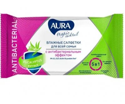 Купить aura (аура) салфетки влажные с антибактериальным эффектом tropic cocktail 15 шт. в Бору