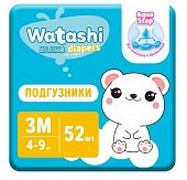 Купить watashi (ваташи) подгузники размер 3м 4-9кг, 52 шт в Бору